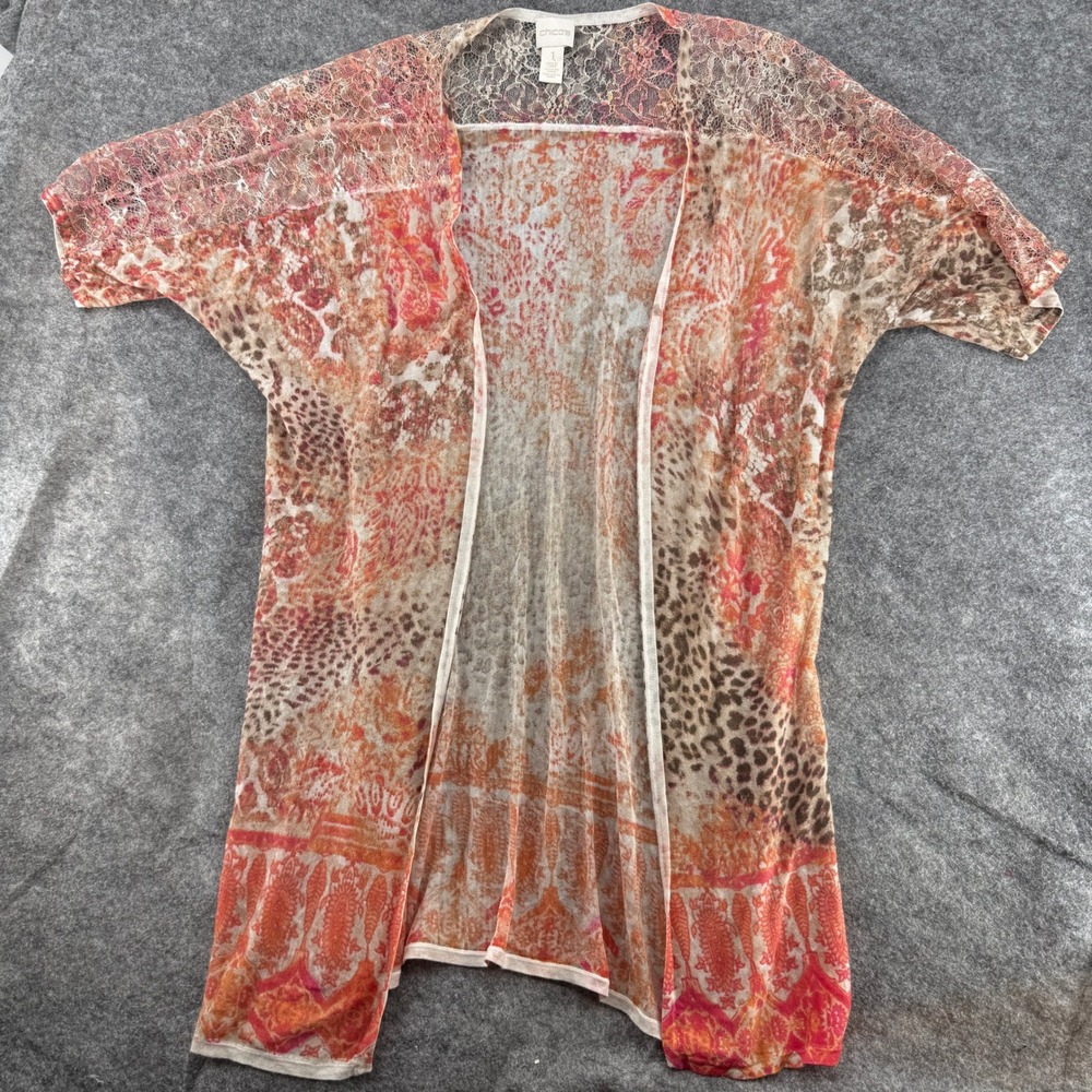 Chico's Cardigan Women Size 1‎ Orange Mixed Print Lace Trim Open Front Kimono